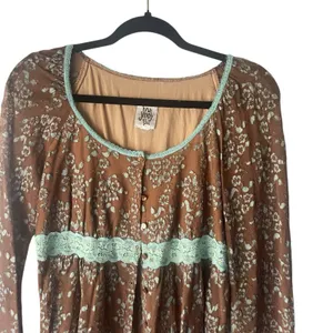 ivu jane Y2k Women's SIze Large Brown Babydoll Lace Floral Hippie‎ Retro Blouse thumbnail 2