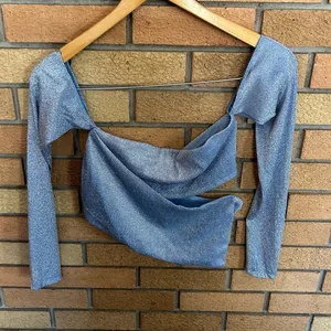 NWT Naked Wardrobe Overly Long Sleeve Off The Shoulder Crop Top Glitter Blue S thumbnail 2