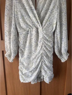 MABLE Ruffle Ivory / Blue Floral Puff Sleeve Rouched Mini Dress Women’s Small thumbnail 3