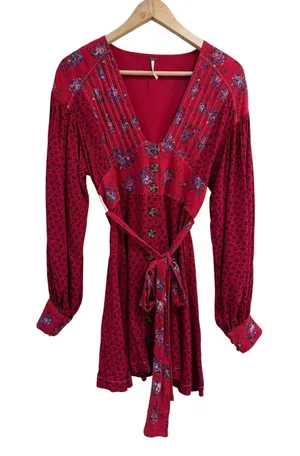 Free People Red Floral Mini Dress Long Sleeve Button Down V-Neck Boho Small thumbnail 1