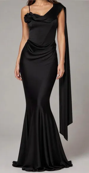 LEAU Celine Corset Drape Satin Gown, Black,Small thumbnail 1