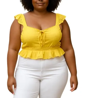Aeropostale Women's Yellow Sleeveless Ruffle Lace Up Peplum Tank Crop Top Sz XL thumbnail 1