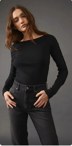 We The Free Free People Womens Black Daisy Chain Cuff Edgy Ribbed Blouse‎ Size S thumbnail 1