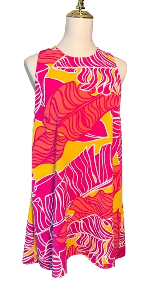 Manuheali'i Hawaii Pink Orange Abstract Print Swing Dress Small Sleeveless Mini thumbnail 1