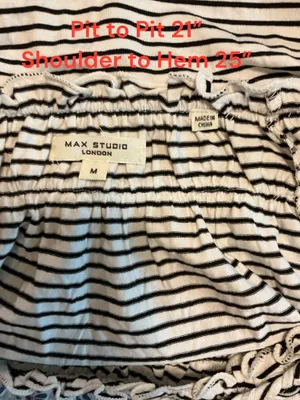 Max Studio London Black White Striped Short Sleeve Top Smocked Neck Med M thumbnail 3