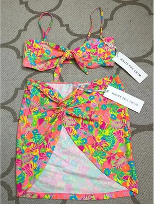 White Fox Copacabana bikini knotted Top Sweet Sunset Twist skirt, size medium thumbnail 1