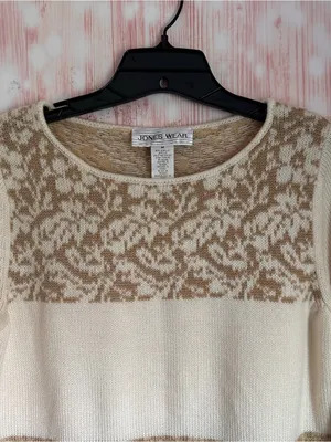 Vintage Jones Wear Cream Crewneck Tan Floral Print Striped Sweater Size M thumbnail 2