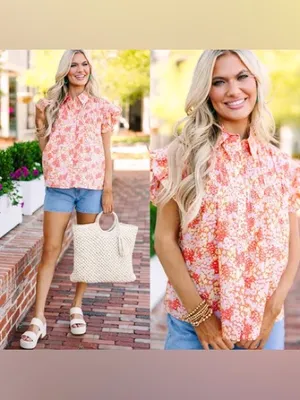 Fate smocked cotton floral blouse top ditsy short sleeve button down collar mock thumbnail 4