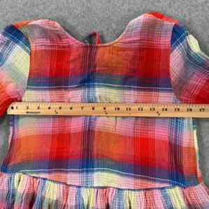 Zara Plaid Tie Back Peplum Shirt Womens Small Red Short Sleeve Ruffle Round Neck thumbnail 7