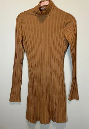 Reformation Brown Ribbed Mock Neck Long Sleeve Mini Dress Slit Size M USA thumbnail 1