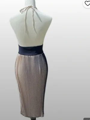 Zara Beige Pleated Halter Midi Dress with Navy Waistband thumbnail 8