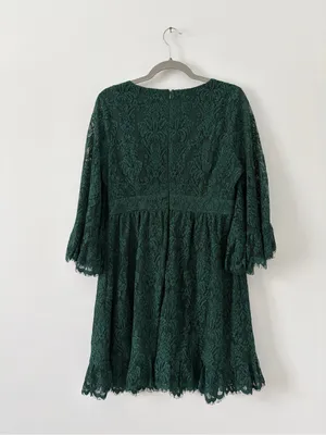 ModCloth Through the Bluebells Forest Green Lace 3/4 Bell Sleeve Mini Dress L thumbnail 6
