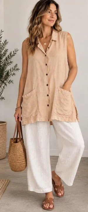 Kiko Linen Tunic Top One Size Lagenlook Oversized Button Front Artsy Boho thumbnail 1