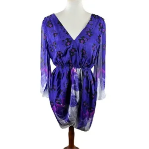 Aryn K Purple Silk Dress Size M 100% Silk Print‎ V-Neck Elastic Waist Fairycore thumbnail 3