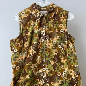 White Stag Cotton Boho Quirky Mod Floral Sleeveless Button Down Dress 10 Olive thumbnail 2