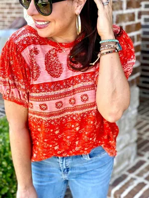 Free People Paisley Puff-Sleeve T-Shirt in Fruit Punch Combo thumbnail 7