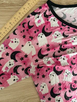 Birdie Bean‎ Large Ghost Print PJ Long Sleeve Henley Pink Black Bamboo Halloween thumbnail 4