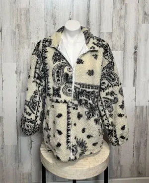 Supeon Sherpa Fleece Jacket Paisley Print Cream Black Zip Up Cozy Size M thumbnail 1