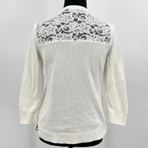 Ralph Lauren Lace Knit Top Womens M 3/4 Sleeve Sweater Quiet Luxury Costal White thumbnail 3
