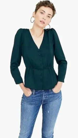 J.Crew Womens Long Sleeve V-Neck Button-Up Peplum Blouse Size 2 Deep Green thumbnail 1