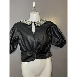 Maeve Blouse Womens XS Black Faux Leather Pearl Beaded Collar Cropped Zip Top thumbnail 3