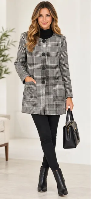 Zara Black & White Plaid Long Coat - Classic Women's Jacket Fall thumbnail 1