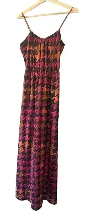 LAVENDER BROWN Orange Pink Burgundy Fall Houndstooth Maxi‎ Dress Size S Small thumbnail 1