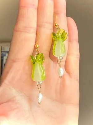 Handmade lamp work cabbage & freshwater funky boho fairy cute unique dangle earrings 🥬✨ thumbnail 4