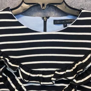 ENGLISH FACTORY Top Women's Small Black White Striped Ruffled‎ Trim Long Sleeve thumbnail 4