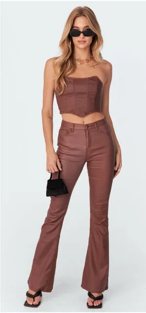 Edikted Luna Faux Leather Mid Rise Flared Jeans Size Medium Brown Chic thumbnail 1