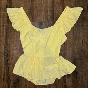 Flying Tomato Yellow Ruffle Sleeve Open Tie Back Peplum Blouse Top thumbnail 1