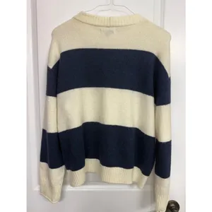 American Eagle Cream Navy Striped Oversized Crewneck Sweater L thumbnail 5
