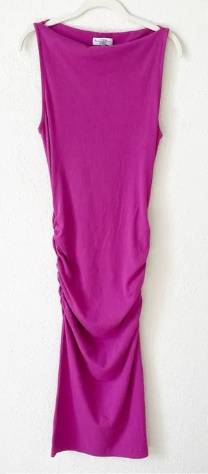 Michael Stars Charlotte Midi Dress Pink Size Medium Ruched Slit Ribbed Colorful thumbnail 1