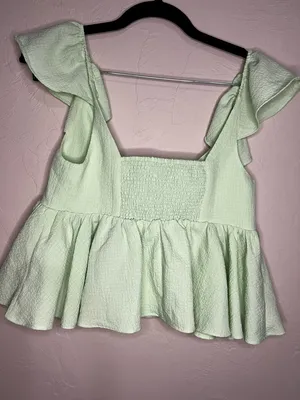 Urban Outfitters Keyhole Babydoll Ruffle Tie-Front Green Peplum‎ Crop Top thumbnail 8