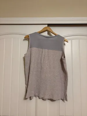 POL Sleeveless Knit Top Large Gray Tan Mixed Media Henley Cotton Blend Textured thumbnail 3