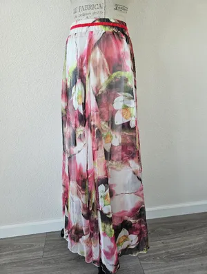 NWT Watercolor Floral Lotus Chiffon Maxi Skirt Size S Pink Green Sheer Layered thumbnail 4