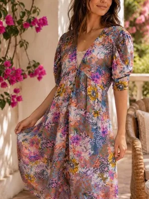 Akemi + Kin x Anthropologie | Floral V-Neck Button Front Flutter Sleeve Dress, S thumbnail 1