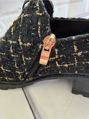 SHEIN Black Tweed Lace-Up Chunky Heel Boots with Gold Accents thumbnail 8