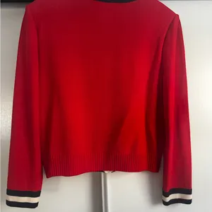 St. John Collection Red Knit Open-Front Jacket with Black and Cream Trim thumbnail 9