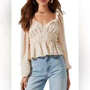 ASTR The Label Off The Shoulder Blouse Sz M Puff Sleeves Shimmer Peplum Top thumbnail 2