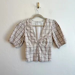Abercrombie | Plaid V-Neck Puff Sleeve Button Top thumbnail 2
