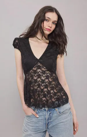 NWT Black Lace see through Cap Sleeve Babydoll high low Top size M thumbnail 2