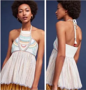 Anthropologie Floreat Ivory Itzel Halter Embroidered Babydoll Tank Top Size 4 thumbnail 2