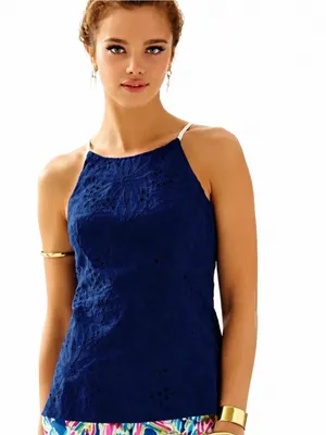 Lilly Pulitzer Annabelle Top Size 10 True Navy Jumbo Sunflower Eyelet Halter thumbnail 5