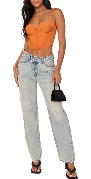 Edikted Asymmetrical Crossover Waist Acid Wash Boyfriend Baggy StraightLeg Jeans thumbnail 1