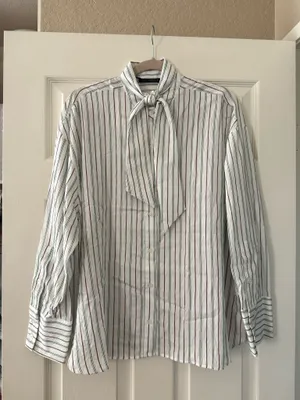 BNWT Zara Mint Chocolate Green & Brown Striped Flowy Button Down Scarf Shirt thumbnail 8