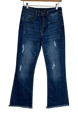 Risen Jeans Women's Distressed Raw Hem Flare Denim Blue Size 5/27 thumbnail 1