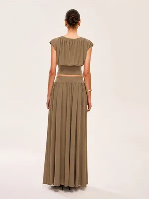 COMMENSE NWT Sold Out Khaki Taupe Gathered Top & Flowy Maxi Skirt Set XS thumbnail 2