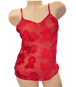 Vintage Elena Intimates Sheer Red Floral Embroidered Camisole Size Small thumbnail 1