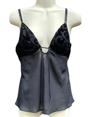 Victoria's Secret Black Cami Bra Babydoll Top M Devore Velvet Chiffon Whimsigoth Dark Fairy thumbnail 1